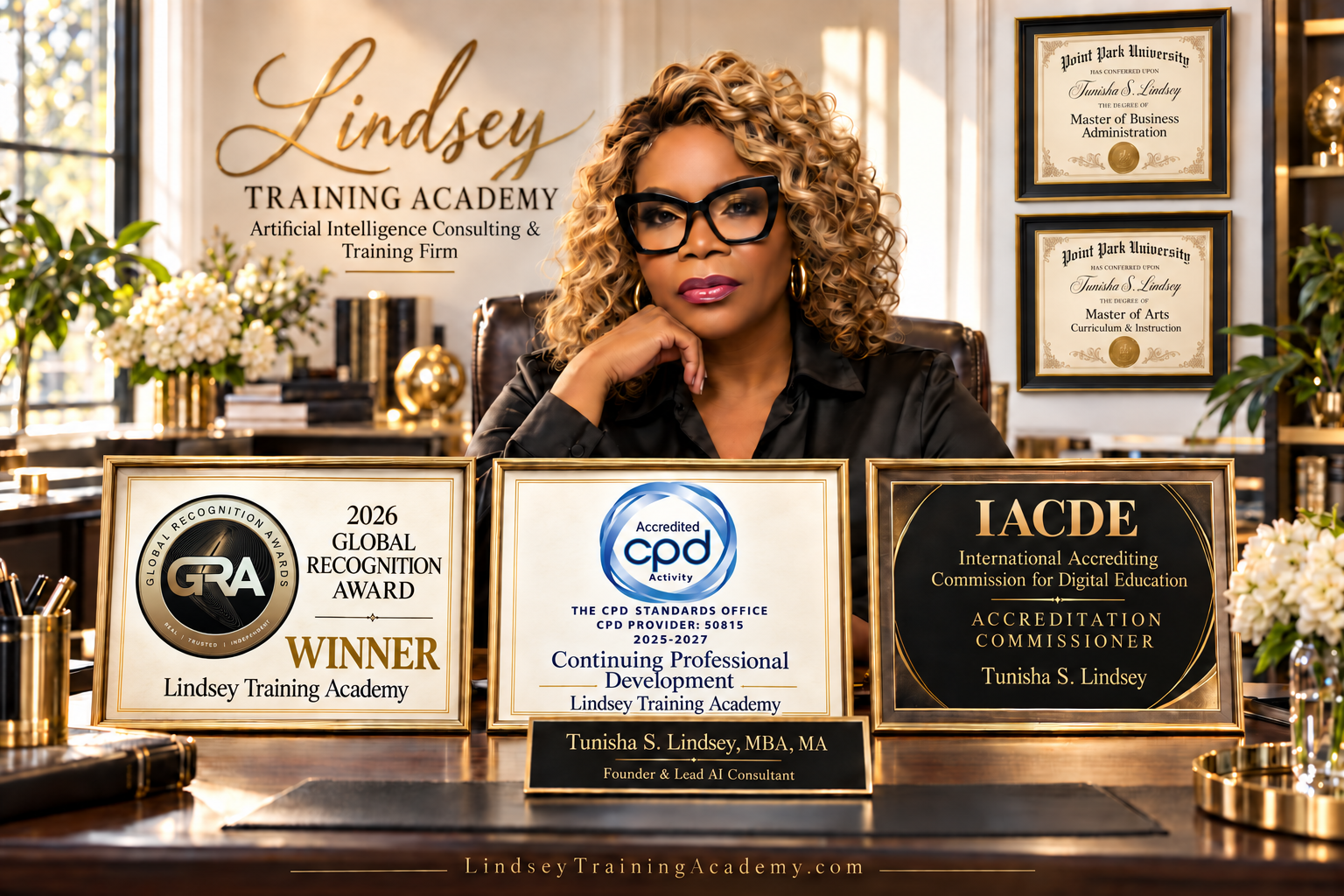 Tunisha S. Lindsey with blonde curls and black glasses, wearing black satin at her executive desk