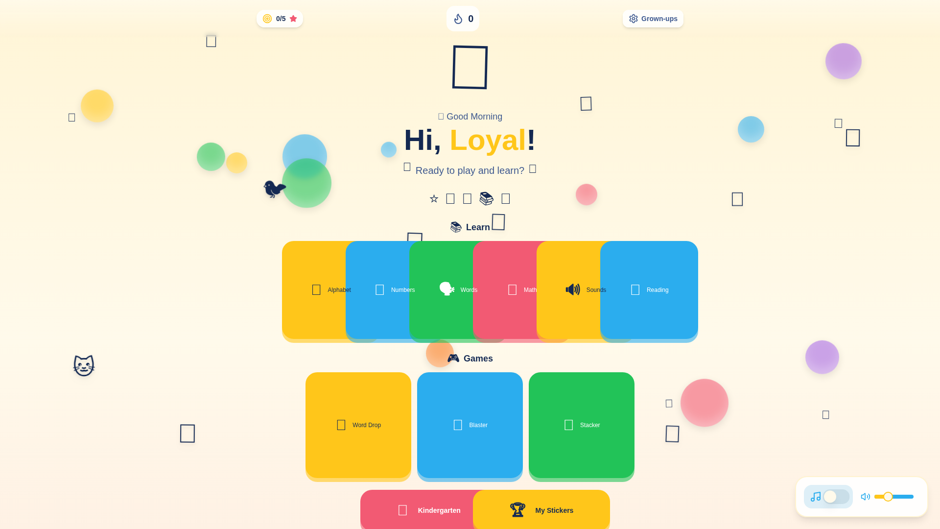 Supplied Loyal’s Sparkle School screenshot showing learning categories and games
